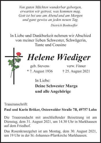 Traueranzeige von Helene Wiediger von Neue Osnabrücker Zeitung GmbH & Co. KG