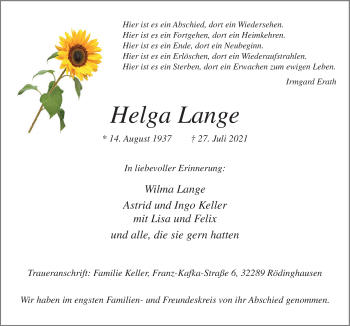 Traueranzeige von Helga Lange von Neue Osnabrücker Zeitung GmbH & Co. KG
