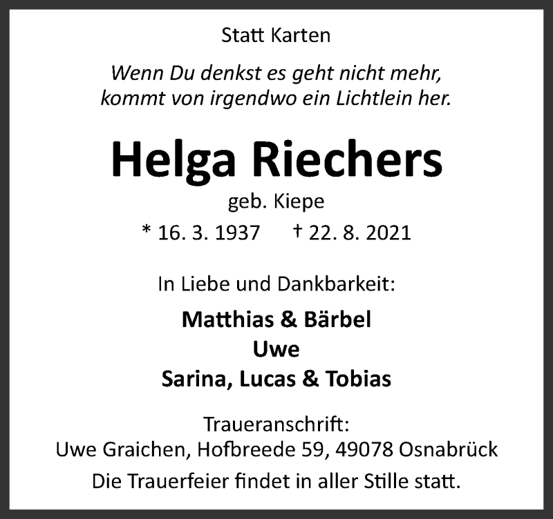  Traueranzeige für Helga Riechers vom 28.08.2021 aus Neue Osnabrücker Zeitung GmbH & Co. KG