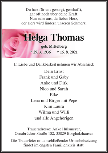 Traueranzeige von Helga Thomas Mittelberg von Neue Osnabrücker Zeitung GmbH & Co. KG