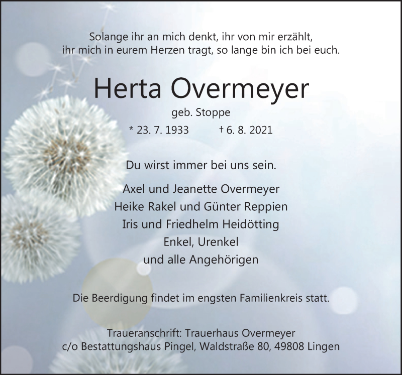  Traueranzeige für Herta Overmeyer vom 14.08.2021 aus Neue Osnabrücker Zeitung GmbH & Co. KG