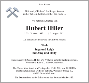 Traueranzeige von Hubert Hiller von Neue Osnabrücker Zeitung GmbH & Co. KG