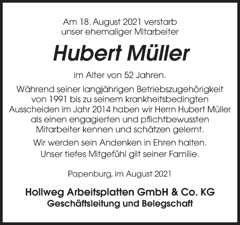  Traueranzeige für Hubert Müller vom 21.08.2021 aus Neue Osnabrücker Zeitung GmbH & Co. KG