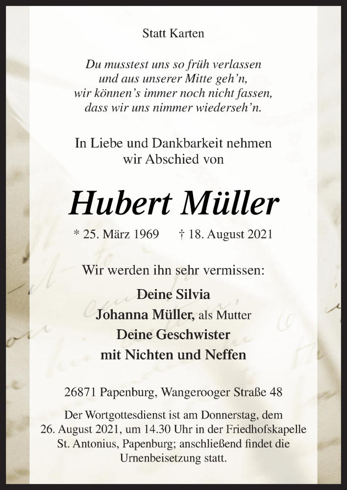  Traueranzeige für Hubert Müller vom 21.08.2021 aus Neue Osnabrücker Zeitung GmbH & Co. KG