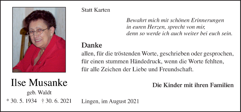  Traueranzeige für Ilse Musanke vom 21.08.2021 aus Neue Osnabrücker Zeitung GmbH & Co. KG