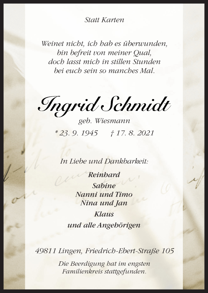  Traueranzeige für Ingrid Schmidt vom 21.08.2021 aus Neue Osnabrücker Zeitung GmbH & Co. KG