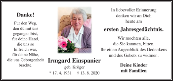 Traueranzeige von Irmgard Einspanier von Neue Osnabrücker Zeitung GmbH & Co. KG