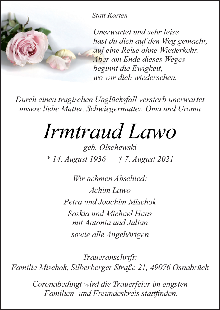  Traueranzeige für Irmtraud Lawo vom 14.08.2021 aus Neue Osnabrücker Zeitung GmbH & Co. KG