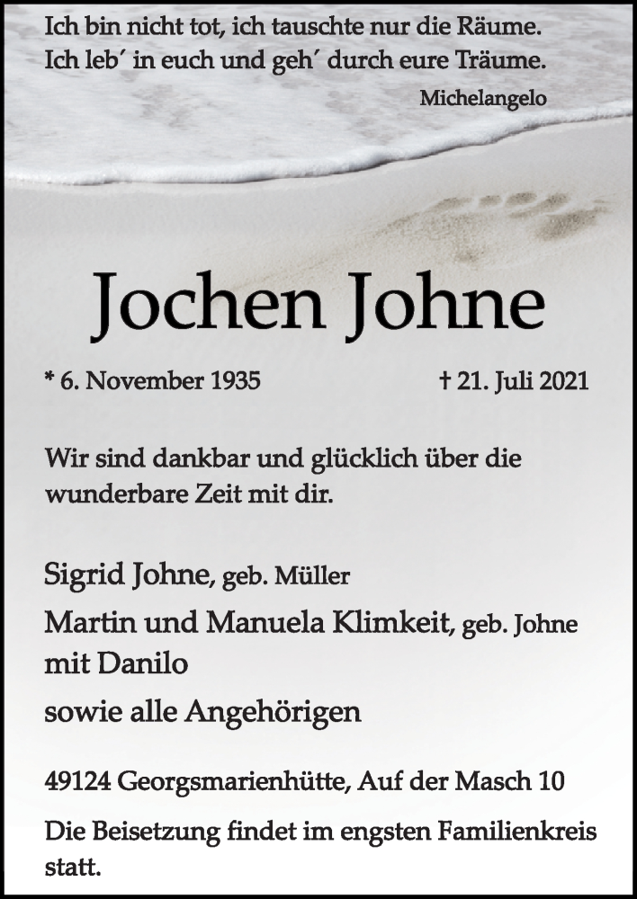  Traueranzeige für Jochen Johne vom 02.08.2021 aus Neue Osnabrücker Zeitung GmbH & Co. KG