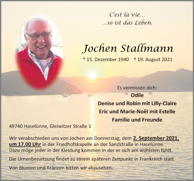  Traueranzeige für Jochen Stallmann vom 21.08.2021 aus Neue Osnabrücker Zeitung GmbH & Co. KG