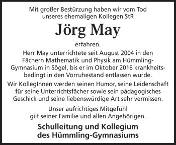 Traueranzeige von Jörg May von Neue Osnabrücker Zeitung GmbH & Co. KG