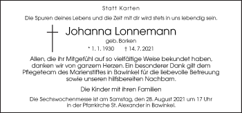 Traueranzeige von Johanna Lonnemann von Neue Osnabrücker Zeitung GmbH & Co. KG