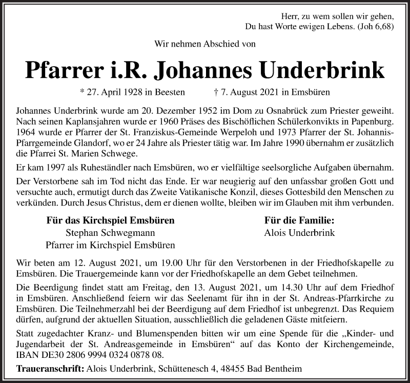  Traueranzeige für Johannes Underbrink vom 11.08.2021 aus Neue Osnabrücker Zeitung GmbH & Co. KG