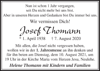 Traueranzeige von Josef Thomann von Neue Osnabrücker Zeitung GmbH & Co. KG