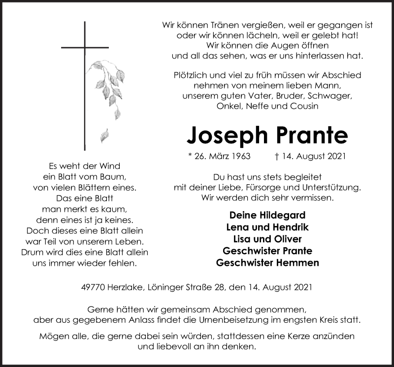  Traueranzeige für Joseph Prante vom 17.08.2021 aus Neue Osnabrücker Zeitung GmbH & Co. KG