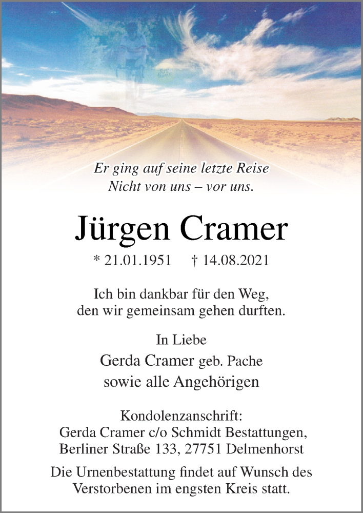  Traueranzeige für Jürgen Cramer vom 21.08.2021 aus Neue Osnabrücker Zeitung GmbH & Co. KG