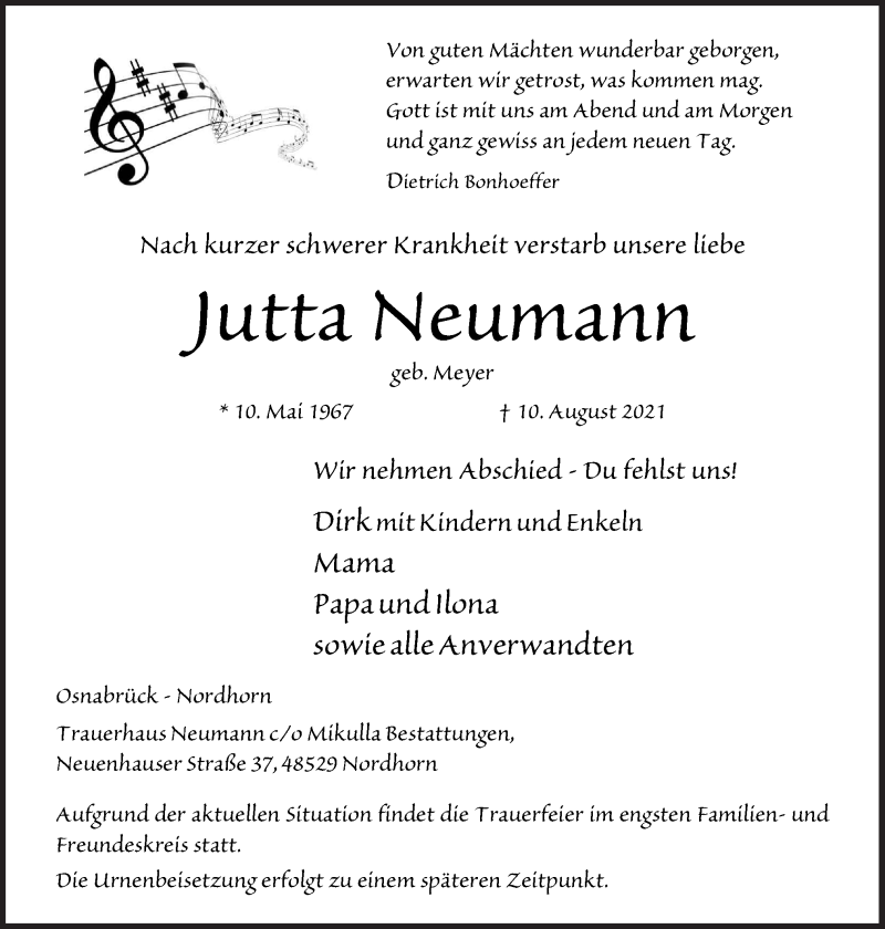 Traueranzeigen von Jutta Neumann | noz Trauerportal