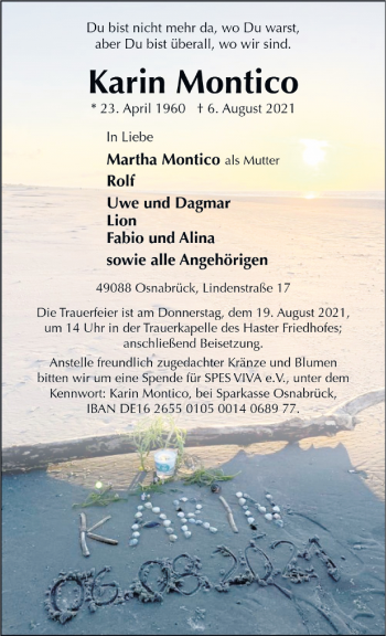 Traueranzeige von Karin Montico von Neue Osnabrücker Zeitung GmbH & Co. KG