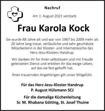 Traueranzeige von Karola Kock von Neue Osnabrücker Zeitung GmbH & Co. KG