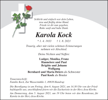 Traueranzeige von Karola Kock von Neue Osnabrücker Zeitung GmbH & Co. KG