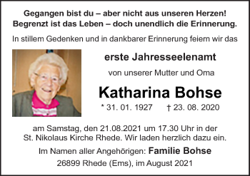 Traueranzeige von Katharina Bohse von Neue Osnabrücker Zeitung GmbH & Co. KG