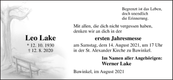 Traueranzeige von Leo Lake von Neue Osnabrücker Zeitung GmbH & Co. KG