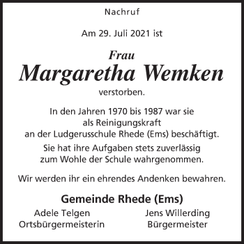 Traueranzeige von Margaretha Wemken von Neue Osnabrücker Zeitung GmbH & Co. KG