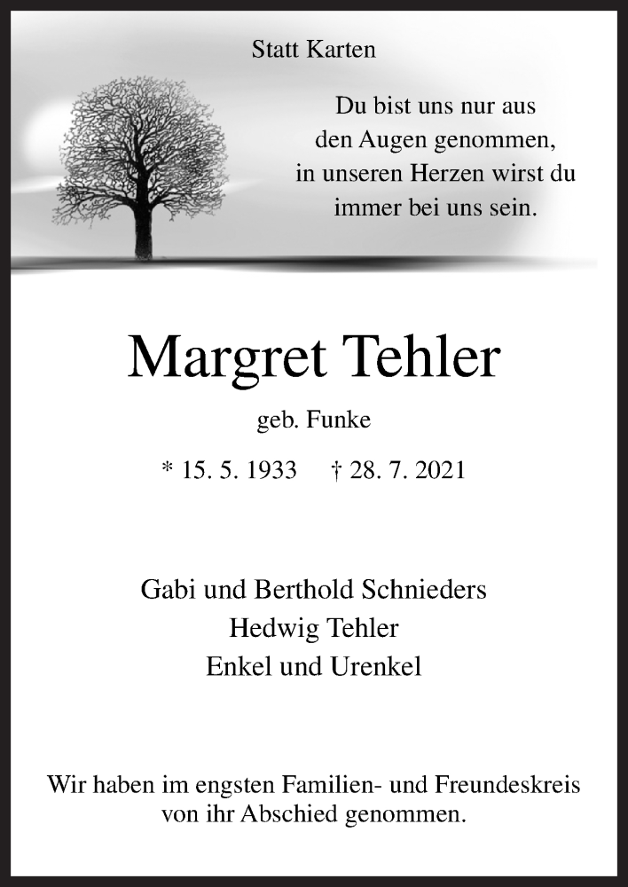  Traueranzeige für Margret Tehler vom 12.08.2021 aus Neue Osnabrücker Zeitung GmbH & Co. KG