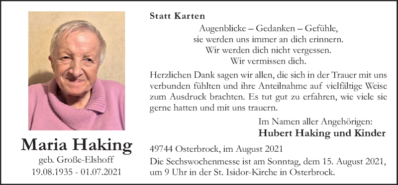  Traueranzeige für Maria Haking vom 12.08.2021 aus Neue Osnabrücker Zeitung GmbH & Co. KG