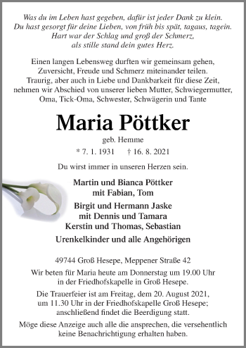 Traueranzeige von Maria Pöttker von Neue Osnabrücker Zeitung GmbH & Co. KG