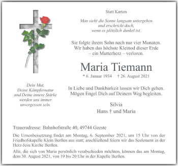 Traueranzeige von Maria Tiemann von Neue Osnabrücker Zeitung GmbH & Co. KG