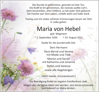 Traueranzeige von Maria von Hebel von Neue Osnabrücker Zeitung GmbH & Co. KG