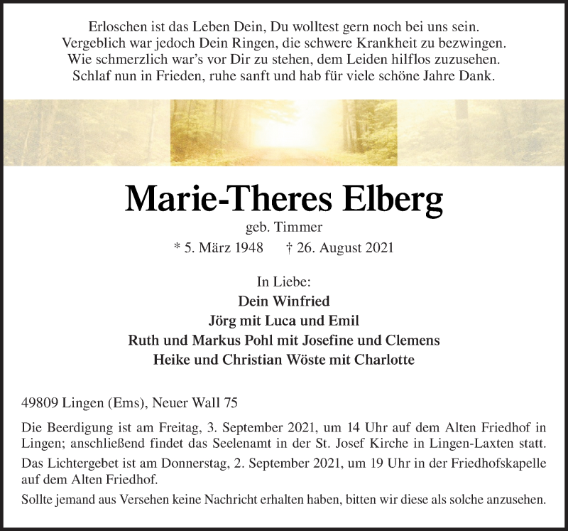  Traueranzeige für Marie-Theres Elberg vom 31.08.2021 aus Neue Osnabrücker Zeitung GmbH & Co. KG