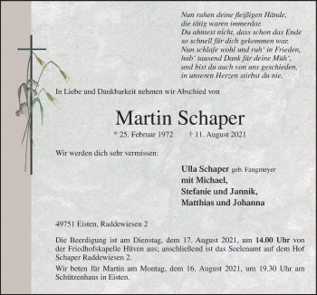 Traueranzeige von Martin Schaper von Neue Osnabrücker Zeitung GmbH & Co. KG