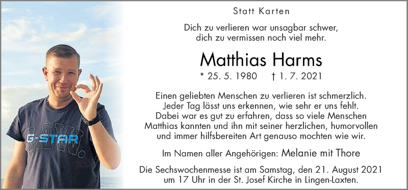  Traueranzeige für Matthias Harms vom 18.08.2021 aus Neue Osnabrücker Zeitung GmbH & Co. KG