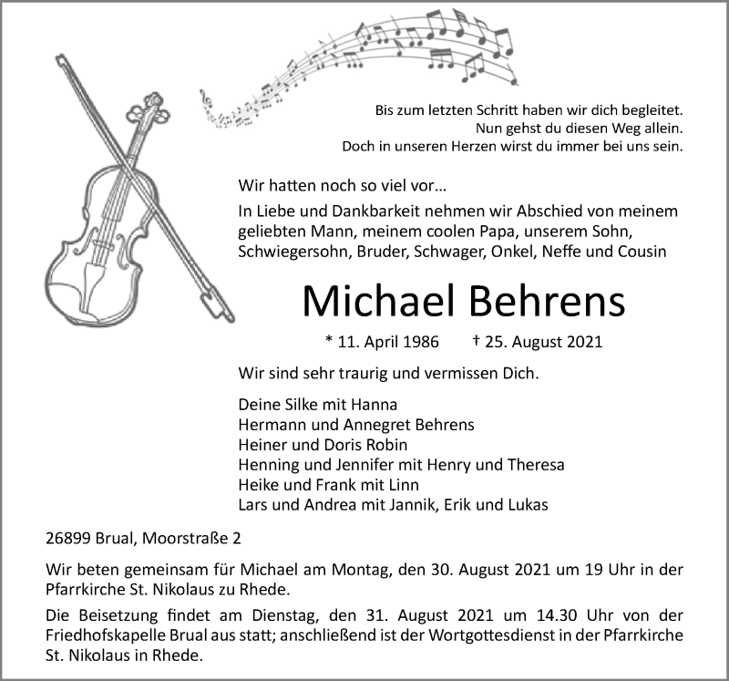  Traueranzeige für Michael Behrens vom 28.08.2021 aus Neue Osnabrücker Zeitung GmbH & Co. KG