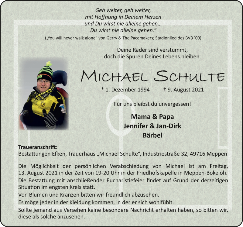  Traueranzeige für Michael Schulte vom 11.08.2021 aus Neue Osnabrücker Zeitung GmbH & Co. KG