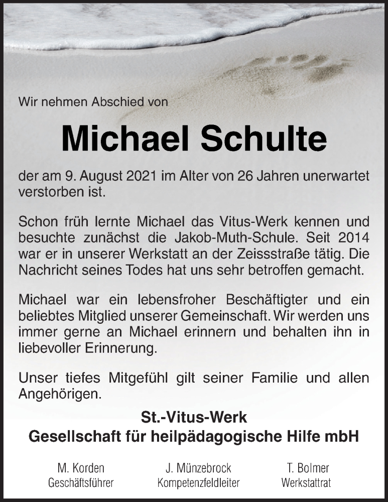  Traueranzeige für Michael Schulte vom 13.08.2021 aus Neue Osnabrücker Zeitung GmbH & Co. KG