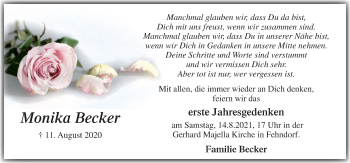 Traueranzeige von Monika Becker von Neue Osnabrücker Zeitung GmbH & Co. KG