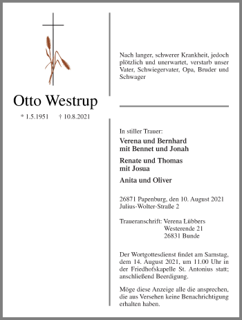 Traueranzeige von Otto Westrup von Neue Osnabrücker Zeitung GmbH & Co. KG