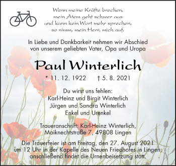 Traueranzeige von Paul Winterlich von Neue Osnabrücker Zeitung GmbH & Co. KG