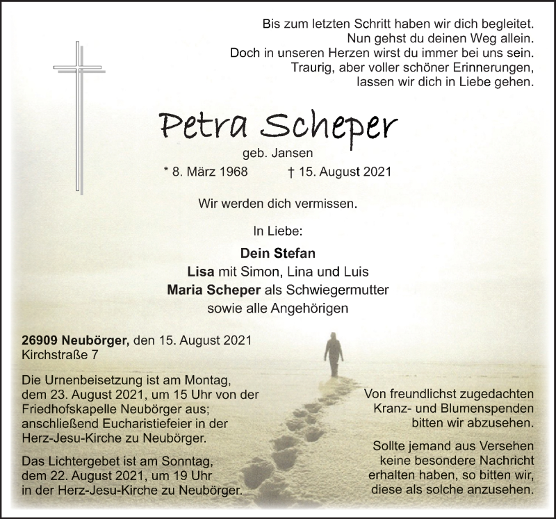  Traueranzeige für Petra Scheper vom 18.08.2021 aus Neue Osnabrücker Zeitung GmbH & Co. KG