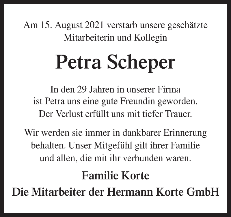  Traueranzeige für Petra Scheper vom 20.08.2021 aus Neue Osnabrücker Zeitung GmbH & Co. KG