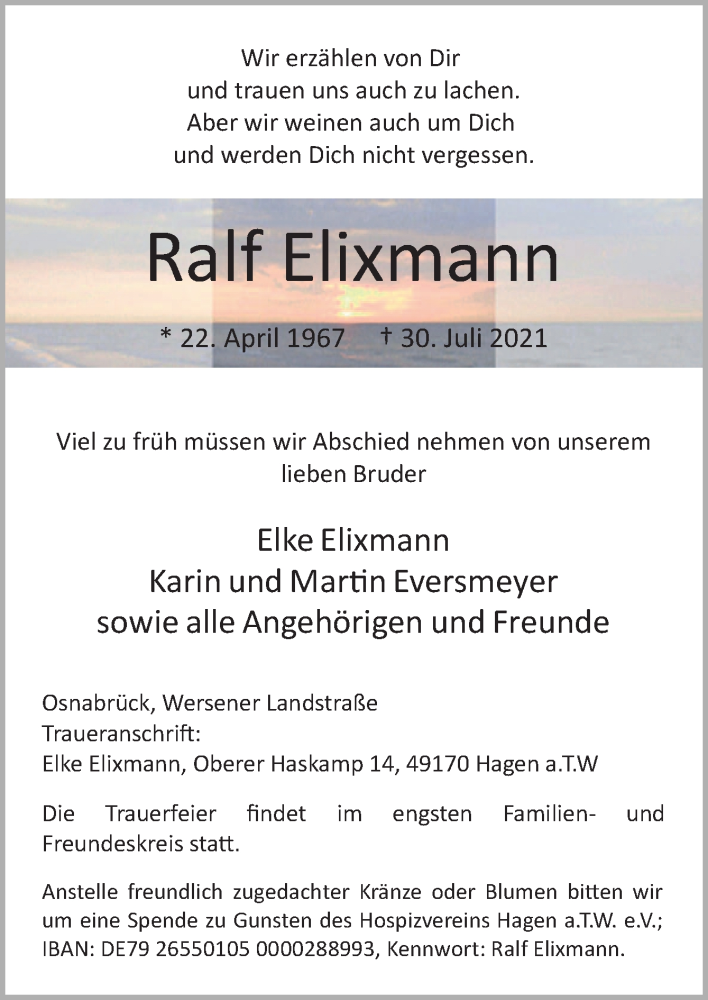  Traueranzeige für Ralf Elixmann vom 07.08.2021 aus Neue Osnabrücker Zeitung GmbH & Co. KG
