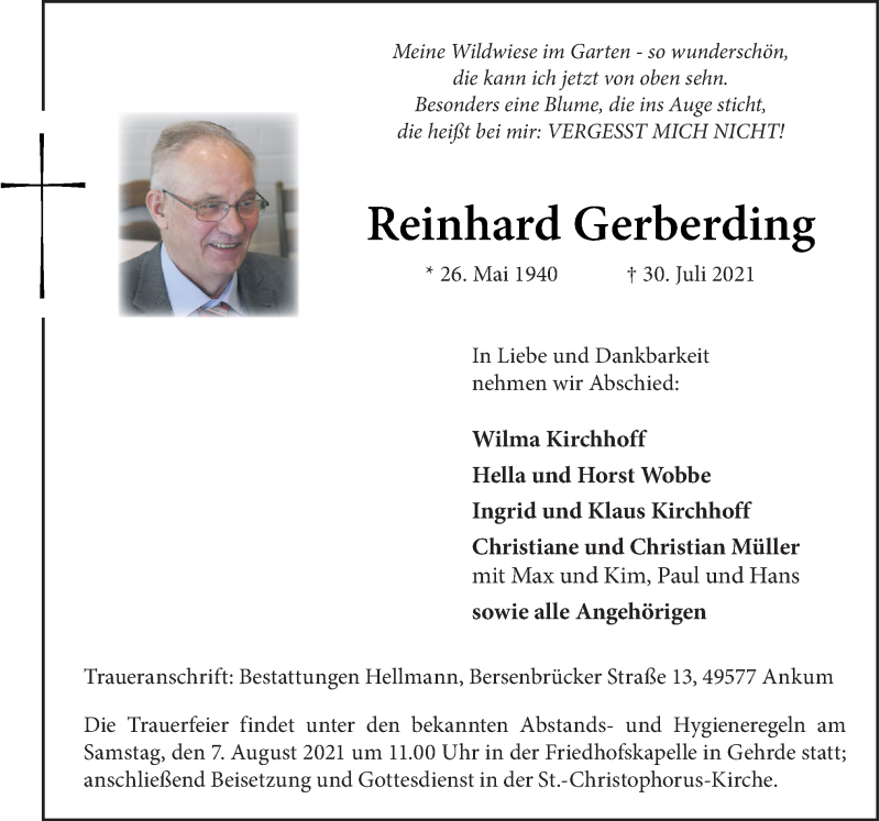 Traueranzeigen von Reinhard Gerberding | noz Trauerportal