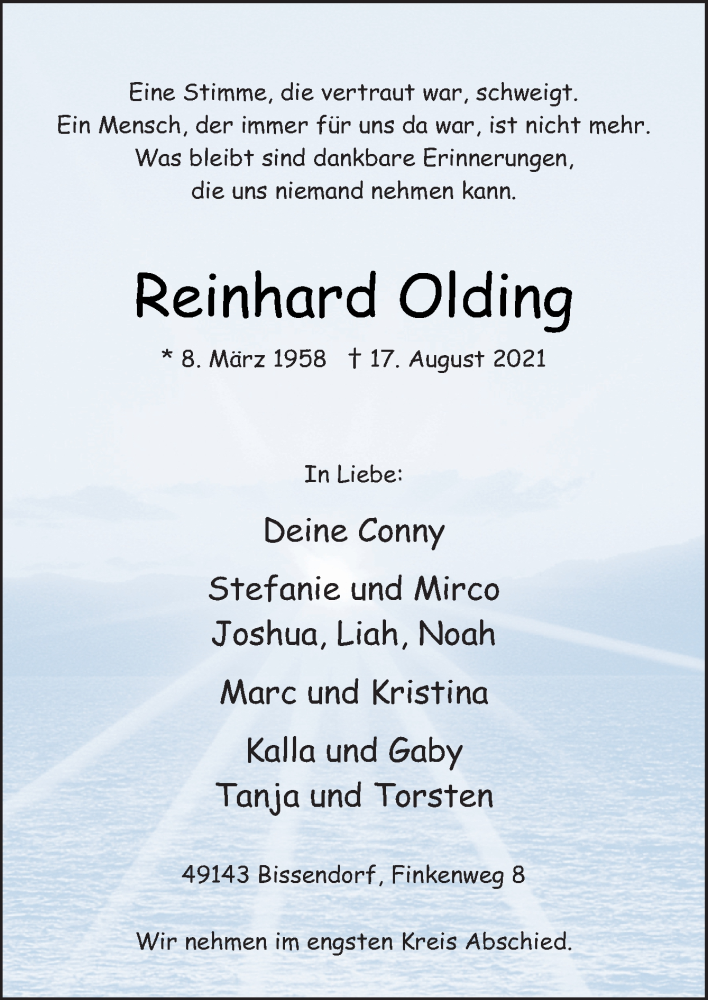  Traueranzeige für Reinhard Olding vom 21.08.2021 aus Neue Osnabrücker Zeitung GmbH & Co. KG