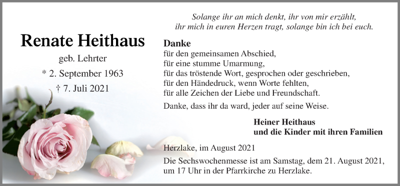  Traueranzeige für Renate Heithaus vom 18.08.2021 aus Neue Osnabrücker Zeitung GmbH & Co. KG