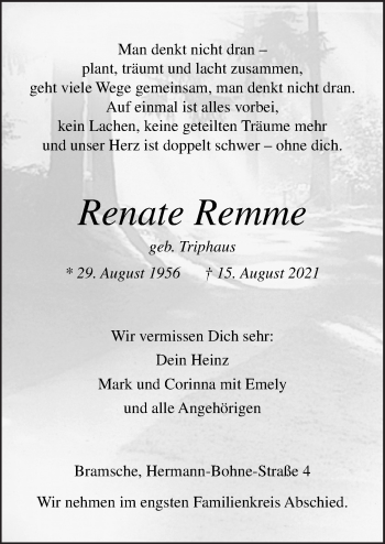 Traueranzeige von Renate Remme von Neue Osnabrücker Zeitung GmbH & Co. KG