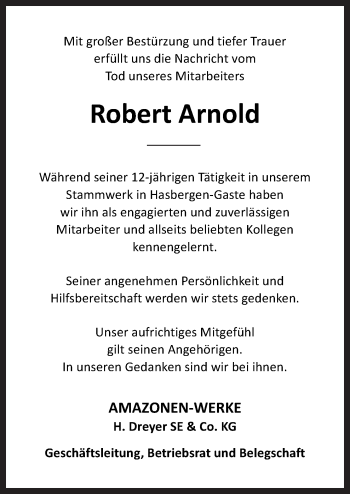 Traueranzeige von Robert Arnold von Neue Osnabrücker Zeitung GmbH & Co. KG