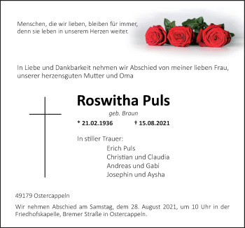 Traueranzeige von Roswitha Puls von Neue Osnabrücker Zeitung GmbH & Co. KG